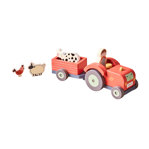 Wooden Tractor & Animal Trailer Toy - 4 Animals
