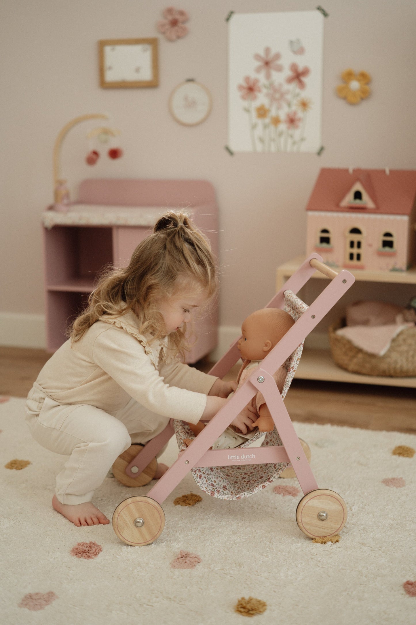 Wooden Doll Stroller - Flowers & Butterflies Design