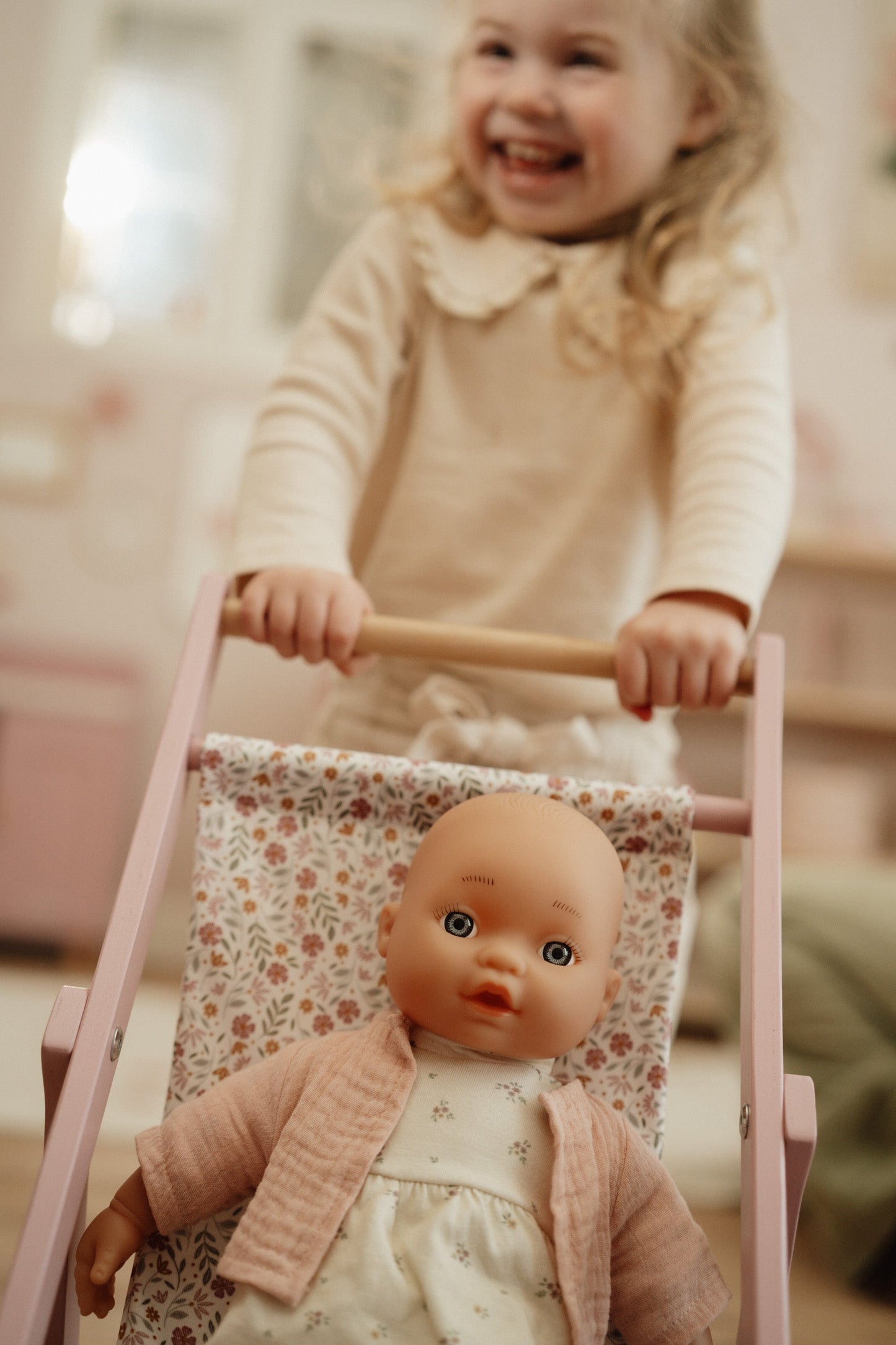 Wooden Doll Stroller - Flowers & Butterflies Design