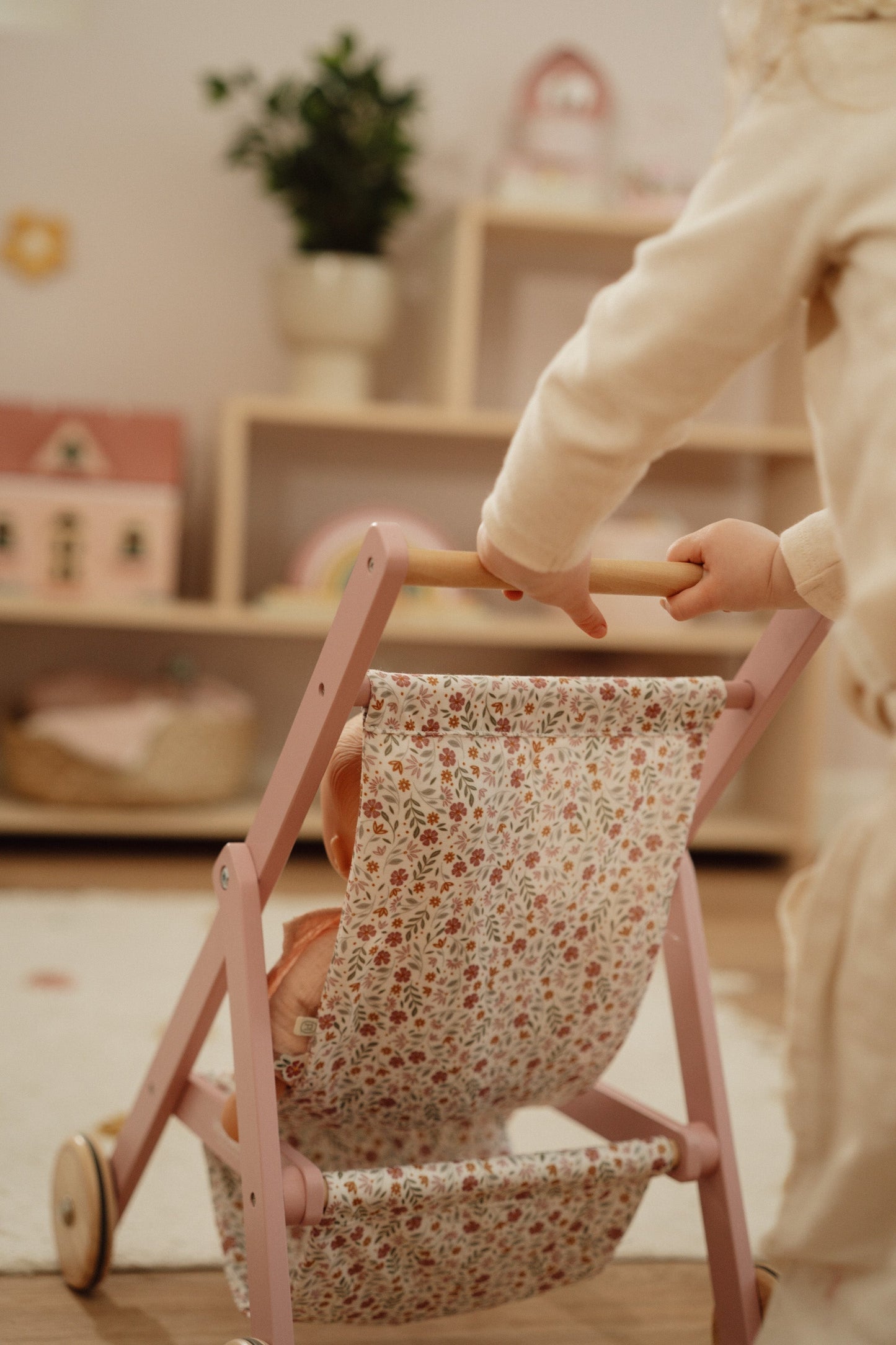 Wooden Doll Stroller - Flowers & Butterflies Design